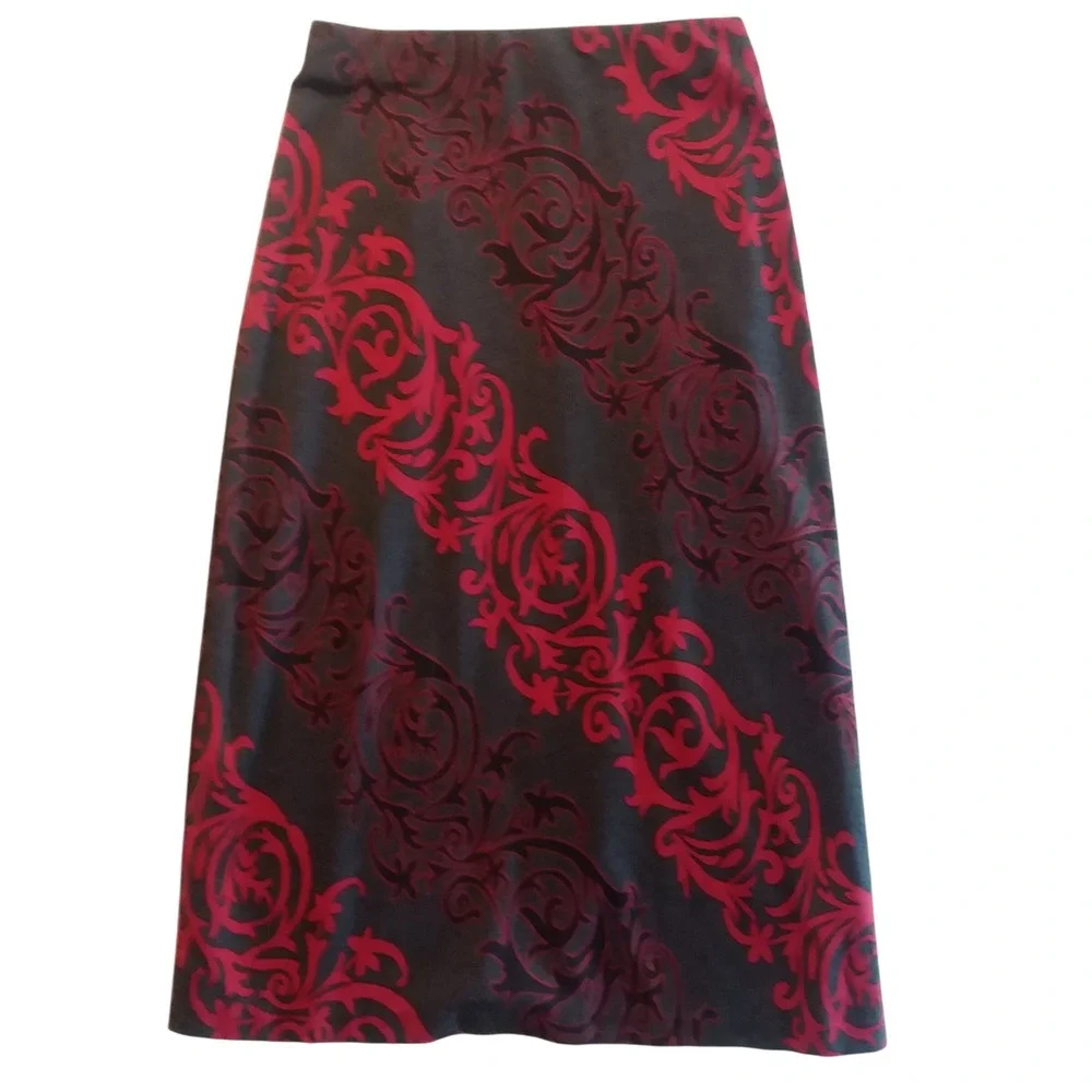 ECI New York Women's Long Skirt Size L Black Red Floral Print Career‎ Party